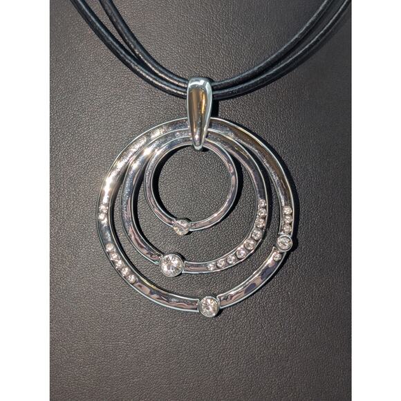Chico's NWT Black Corded Hammered Silver Tone Rhinestone Circle Pendant Necklace - Picture 6 of 6